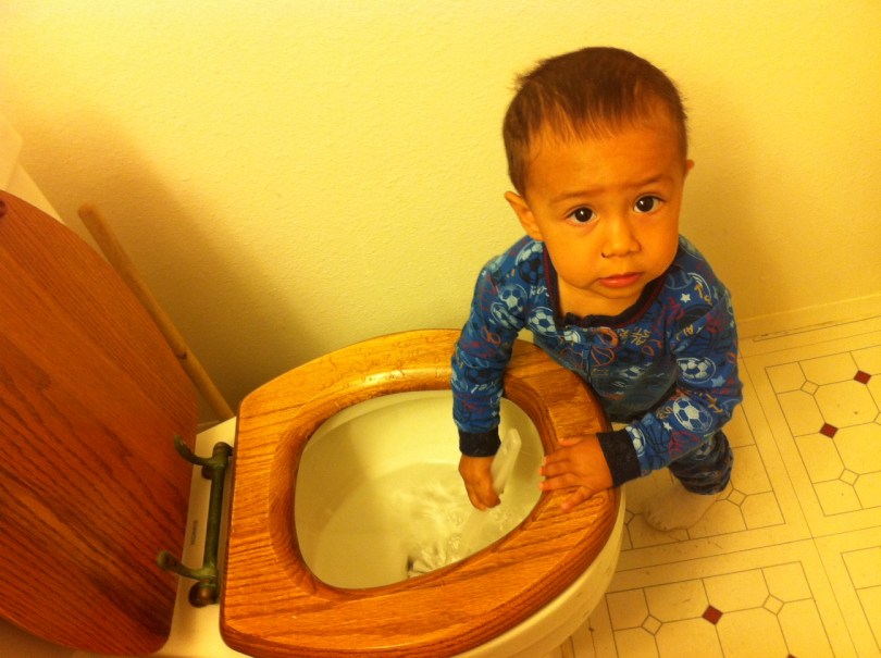 toddler with hands in toilet