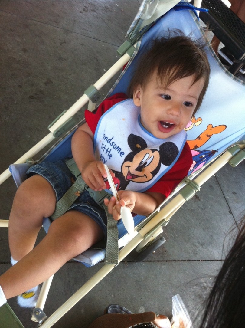 little boy in stroller