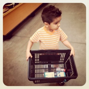 little boy and grocery basket